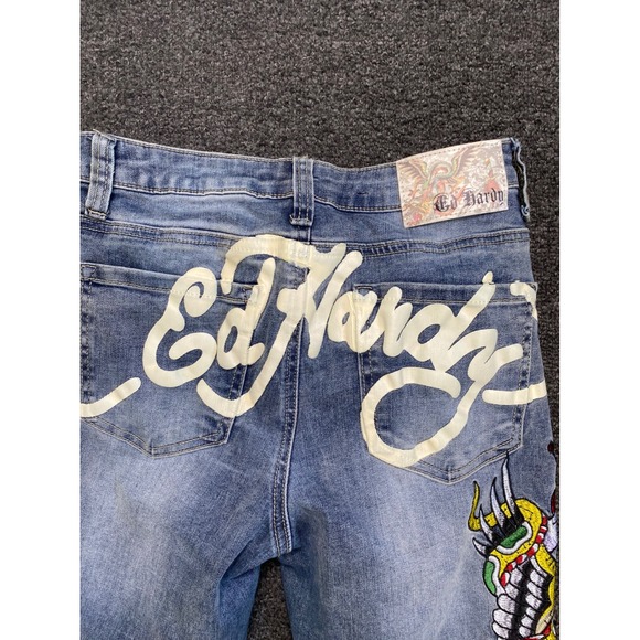 Ed Hardy Flare Blue Jeans Womens 26x32 Tattoo Graphic Embroidered Skull Grunge - Picture 9 of 12